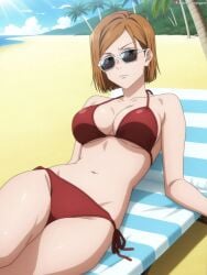 1girls 2d 2d_(artwork) accurate_art_style annoyed annoyed_expression asimpleningen beach belly big_breasts bikini breasts brown_hair brown_hair_female cleavage disgust disgusted disgusted_expression eyewear female foliage frown frowning_at_viewer furrowed_brow hi_res hip_bones hips human jujutsu_kaisen kugisaki_nobara large_breasts light-skinned_female light_skin looking_at_viewer medium_hair navel outside palm_tree palm_trees patreon_username pinup sand sideboob slim_waist solo straight_hair sunglasses swimsuit thighs tinted_eyewear tree trees underboob water wide_hips