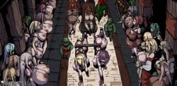 6+boys 6+girls all_fours balls blonde_hair bondage breasts coif dark-skinned_female dark_skin elf female femsub goblin grey_hair highres huge_breasts large_breasts long_hair male multiple_boys multiple_girls multiple_subs nipple_piercing nipple_rings nipples nude original piercing pointy_ears pony_play pregnant rags red_hair slave whip_marks yakou_(4507770)