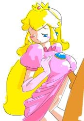 1boy 1girls 2006 artist_self-insert blonde_hair blush breasts clothing crown ear_piercing female human interracial male male/female mario_(series) minus8 minus8_(character) nintendo oekaki outercourse paizuri paizuri_under_clothes princess_peach smooth_skin straight super_mario_bros. white_background