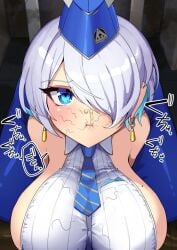 after_fellatio ahoge bare_shoulders barely_contained_breasts blue_eyes blue_hair blue_leggings blush blushing_female breasts brid_(nikke) chewing_cum cleavage cum_in_mouth cum_in_nose earrings emotionless emotionless_female empty_eyes erection female femsub goddess_of_victory:_nikke hat huge_breasts indifference indifferent japanese_text kneeling leggings ninopal puffed_cheeks short_hair trembling unamused unamused_sex unbothered uncaring unenthusiastic unenthusiastic_sex voluptuous voluptuous_female white_hair