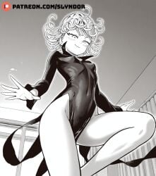 1girls ai_generated anime black_and_white detailed flying from_below looking_at_viewer looking_down manga manga_page manga_style monochrome one_punch_man patreon patreon_logo patreon_slyndor patreon_username slyndor small_body small_breasts smirk smirking smirking_at_viewer tatsumaki tight_clothing tight_dress