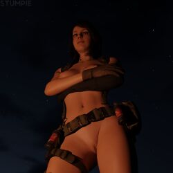 1girls 3d 3d_(artwork) breasts brown_hair brown_hair_female campfire female hi_res medium_ass metal_gear_solid night night_sky nude ponytail ponytail_female posing pussy quiet_(metal_gear) romantic romantic_ambiance romantic_night solo stefanie_joosten stumpie thighs