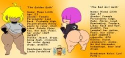 2girls artwork_(digital) ass asshole big_ass big_butt character_profile female female_focus female_only gold_hair goth goth_girl hair_covering_eyes hand_drawn ibispaintx kitiai2084_(artist) middle_finger no_panties no_pants oc original original_character puffy_anus puffy_pussy purple_hair purple_lipstick pussy sisters two_girls vagina