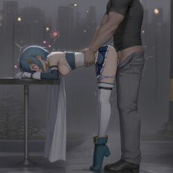 _raw_sex adult_and_teenager ai_generated bent_over bent_over_table blush breasts_out clothed_sex cum_in_pussy cum_inside fertilization impregnation insemination magical_girl mahou_shoujo_madoka_magica medium_breasts miki_sayaka older_penetrating_younger outside_sex panties_down raining size_difference skirt_lift standing_sex surprised thighhighs tiptoes waist_grab