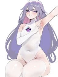 armpit_crease armpit_fetish armpit_spread armpits bottom_heavy gem hololive hololive_english hololive_english_-advent- koseki_bijou leotard long_hair navel_visible_through_clothes purple_eyes small_breasts sweaty thick_thighs thighhighs thin_arms virtual_youtuber wide_hips yotahen