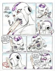 2d blush comic_panel dialogue dragon dragon_ball dragon_ball_super embarrassed eyelashes frieza funny illustration meme popsicle shonen_jump sissy spitroast sucking toei_animation toyotarou