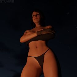 3d brown_hair brown_hair_female campfire medium_ass metal_gear_solid night night_sky ponytail ponytail_female posing quiet_(metal_gear) romantic romantic_ambiance romantic_night stefanie_joosten stumpie