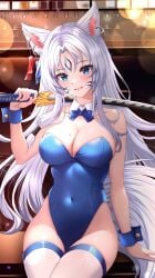 1girls 2d 2d_(artwork) alternate_costume animal_ears animal_tail artist_request big_breasts blue_bunnysuit blue_eyes blush bunnysuit ear_piercing fanart fanart_from_twitter female female_focus female_only front_view high_resolution highres hikari_ookami holding_object holding_swimsuit hourglass_figure indoors latam_virtual_youtuber light-skinned_female light_skin long_hair looking_at_viewer mole mole_on_breast saino_entertainment sitting slim_girl smiling smiling_at_viewer solo solo_female solo_focus sword thighhighs tight_clothing virtual_youtuber vtuber vtuberfanart white_hair young younger_female