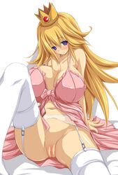 00s 2000s arm_support blush bra breasts cleavage clothes crown curvy dress fct female female_only garter_belt hair hat head_tilt huge_breasts human leg_lift lingerie long_hair mario_(series) nintendo no_panties princess_peach purple_eyes pussy see-through sitting smile smooth_skin solo spread_legs thighhighs uncensored underwear very_long_hair white_background white_thighhighs