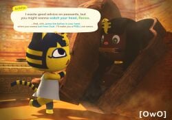 3d_(artwork) animal_crossing ankha_(animal_crossing) anthro bodily_fluids bondage bondage bound clothing dark_body dark_skin digital_media_(artwork) domestic_cat drooling duo encasement felid feline felis female fur gag gameplay_mechanics genitals green_eyes hi_res inside mammal navel navel_piercing neckwear nintendo nipple_piercing nipples owo_sfm piercing restraints ring_piercing rope rope_bondage saliva sarcophagus source_filmmaker_(artwork) submissive tail text topwear villager_(animal_crossing) yellow_body yellow_fur