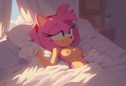 1girls 2d ai_assisted ai_generated amy_rose anthro anthro_female areolae artist_name artist_signature artist_upload boobs breasts day daytime female happy happy_female laying_on_back laying_on_bed mobian mobian_(species) mobian_hedgehog nipples sega self_upload sinandsketch smile solo solo_female solo_focus sonic_(series) sonic_adventure sonic_the_hedgehog_(series) waking waking_up