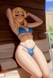 1boy 2d ai_generated ass bangs barefeet big_ass bikini blonde_hair bulge erection erection_under_clothes erophoenix feet full_body green_eyes looking_at_viewer looking_back male male_focus navel nude otoko_no_ko pale_skinned_male patreon_username penis sitting smile soles solo solo_male sweat swimsuit thick thick_thighs toes uncensored
