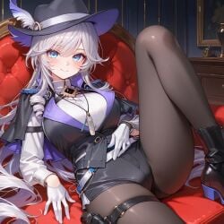 1girls ai_generated black_stockings black_vest breasts detective_(silver_palace) female female_focus female_only hat knee_up large_breasts looking_at_viewer shorts silver_palace sitting solo solo_female solo_focus spread_legs spreading stockings thick_thighs thighhighs thighs vest