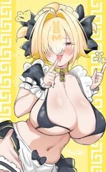 ahoge alternate_costume blonde_hair blush breasts elegg_(nikke) female goddess_of_victory:_nikke hair_intakes hair_over_eyes highres large_breasts long_bangs looking_at_viewer maid maid_headdress mizuppoi multicolored_hair navel open_mouth short_hair simple_background smile solo thighs two-tone_hair