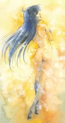 1girls 80s ass blue_hair breasts female floating human idol legs lips long_hair lynn_minmay macross mikimoto_haruhiko nude official_art pale-skinned_female pale_skin robotech solo super_dimension_fortress_macross