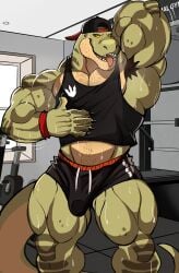 anthro armpit armpit_hair balls bara barazoku bulge darknaigart dinosaur flaccid hand_behind_head jace_(darknaig) male male_only muscles muscular musk penis scalie solo solo_male sweat sweating tongue_out tyrannosaurus_rex