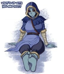 bethesda_softworks brelyna_maryon dark_elf dunmer english_text feet feet_focus female female_only foot_fetish hood hood_up low_res mostly_clothed ratopombo red_eyes skyrim solo solo_focus text the_elder_scrolls toes