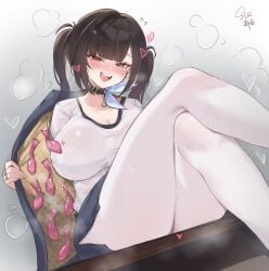 :d artist_name black_choker black_hair black_jacket black_skirt blunt_bangs blush breasts chinese_commentary choker cleavage commentary_request condom condom_belt crossed_legs cum cum_on_clothes dutch_angle feet_out_of_frame female from_below goddess_of_victory:_nikke gradient_background grey_background half-closed_eyes hand_up heart heavy_breathing highres huge_breasts jacket jewelry long_hair looking_at_viewer miniskirt mixed-language_commentary mole mole_under_eye naughty_face nose_blush oerba_yun_fang off_shoulder open_clothes open_jacket open_mouth opened_by_self pantyhose pencil_skirt red_eyes ring saliva see-through_clothes see-through_shirt shirt sia233333 side_slit sitting skirt smile solo sora_(nikke) steaming_body sweat teeth thighs twintails upper_teeth_only used_condom wet wet_clothes wet_shirt white_background white_pantyhose white_shirt