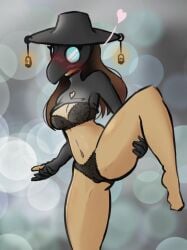 1girls black_clothing blush bra breasts feet gliss1 hat no_pants panties plague_doctor_mask roblox roblox_avatar robloxian standing_on_one_leg stomach tagme thighs