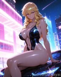 1girls ai_generated blonde_hair breasts car gina_(solo_leveling) large_breasts solo_leveling voluptuous voluptuous_female yellow_eyes
