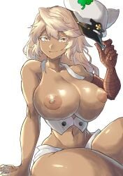 1girls alternate_breast_size arc_system_works big_breasts blonde_hair breasts chikoinochi dark-skinned_female dark_skin female female_only guilty_gear guilty_gear_strive hat holding_object huge_breasts large_breasts looking_at_viewer nipples ramlethal_valentine smile solo thick_thighs torn_clothes