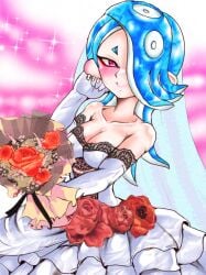 1girls blue_hair blush bouquet breasts cleavage dress female flowers hair_covering_eye large_breasts looking_at_viewer mazuo917 nintendo octoling octoling_girl red_eyes shiver_(splatoon) short_hair solo solo_female solo_focus splatoon splatoon_3 tentacle_hair wedding_dress white_dress