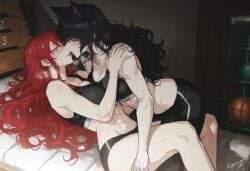 2girls ai_generated black_hair blake_belladonna faunus green_eyes kizirugai long_hair pyrrha_nikos red_hair rwby tagme yellow_eyes