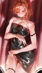 1boy absurdres arm_strap bare_arms bare_shoulders black_dress blush bracelet brown_hair closed_mouth commission covered_nipples crossdressing dress green_eyes highres jewelry long_hair looking_at_viewer original otoko_no_ko penis penis_peek ponytail red_nails rororo short_dress skin_tight solo strapless strapless_dress testicle_peek testicles thigh_strap uncensored
