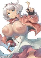 1girls aqua_eyes artist_signature breasts chikoinochi collar elphelt_valentine female fully_clothed guilty_gear guilty_gear_strive headband highres huge_breasts light_skin looking_at_viewer pink_jacket short_hair sideboob solo white_hair