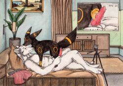 animal_genitalia animal_penis animal_pussy anthro anthro_on_feral arctic_fox bodily_fluids canid canine canine_genitalia canine_penis canine_pussy close-up duo eeveelution female female_on_top feral fox generation_2_pokemon genital_fluids genitals knot knotted_penis kola_(artist) lying male male/female mammal nintendo on_back on_top penis pokemon pokemon_(species) pussy side_view true_fox umbreon zoophilia