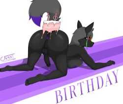 absurd_res all_fours anus ass big_breasts big_butt big_penis birthday black_body black_penis breasts cake cake_on_butt canid canid_demon canine demon dessert erection female food genitals grey_hair grey_tail hair hellhound hi_res mammal mythological_canine mythological_creature mythology oking_back onyx_(onyxmeow) onyxmeow penis presenting presenting_hindquarters purple_anus red_sclera simple_background solo tail text white_eyes