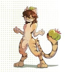 anthro balls big_penis brown_hair cactus cactus_creature cory_pereski countershading digitigrade elemental_creature eyewear felid feline femboy flora_fauna foreskin genitals glasses glasses_through_hair hair humanoid_genitalia humanoid_penis hybrid leopardus litti_kitti long_hair long_tail male mammal nude_anthro ocelot penis plant round_glasses solo stripes tail uncircumcised whiskers yellow_eyes