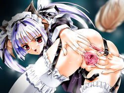 ass bent_over flat_chest game_cg maid orimiya_mai penis presenting pussy pussy_juice spread_anus spread_pussy thighhighs twintails uncensored white_hair