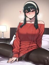 1girls ai_generated astralgazer black_hair black_pantyhose blush blush_lines blushing_at_viewer earrings exposed_shoulders female hair_band heart heart_symbol large_breasts long_hair looking_at_viewer off_shoulder on_bed panties panties_under_pantyhose pantyhose presenting red_eyes red_shirt red_sweater seductive seductive_look seductive_smile sitting smile spread_legs spy_x_family steam steaming_body sweat sweatdrop sweater sweaty thighs yor_briar yor_forger