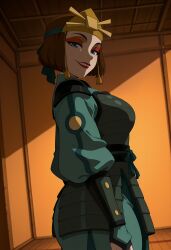 ai_generated avatar_the_last_airbender big_ass big_breasts breasts brown_hair cleavage clothed clothes clothing female female_focus female_only grin looking_at_viewer smug solo solo_female solo_focus suki warrior