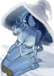 1girls 4_arms big_breasts blue_body blue_eyes blue_hair bra breasts elden_ring eye_contact female female_focus female_only fromsoftware hat huge_breasts lingerie long_hair looking_at_viewer multi_arm multi_limb nia4294 nia_(nia4294) one_eye_closed ranni_the_witch solo tagme thick_thighs voluptuous wide_hips witch_hat