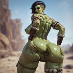 1female ai_generated anus ass ass_focus big_ass big_breasts black_hair blue_sky desert female green_skin muscular muscular_female nowrin orc_(warcraft) orc_female pussy short_hair sidecut stable_diffusion sweat tattoo tattoos tribal_clothing warcraft wet_pussy wet_skin world_of_warcraft