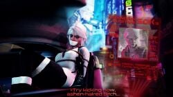 3d angry_face captured captured_heroine car cd_projekt_red ciri clothing cyberpunk_2077 female gagged green_eyes kidnapped light-skinned_female mascara scar skyripe solo solo_female the_witcher_(series) the_witcher_3:_wild_hunt white_hair