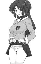 censored clannad clothing hair_bobbles hair_ornament ichinose_kotomi monochrome panties panties_aside panty_pull pussy school_uniform serafuku shichimenchou skirt skirt_lift two_side_up underwear