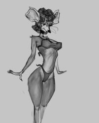 1girls 2025 anthro_female bare_arms bare_legs bare_midriff bare_shoulders bare_thighs bikini curly_hair extinctyellow eyelashes female female_anthro female_only monochrome navel original rat rat_ears rat_girl short_hair solo solo_anthro solo_female thick_thighs thin_waist whiskers