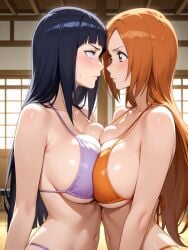 2girls ai_generated big_breasts bikini bleach breast breast_press breasts breasts_pressed_against_partner catfight crossover female fight hyuuga_hinata inoue_orihime long_hair naruto naruto_(series) orange_hair stare staredown yuri