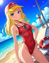 2025 ai_generated beach blonde_eyebrows blonde_female blonde_girl blonde_hair_female blue_eyes cartoon_network dc deviantart elryusam eyebrows_visible_through_hair hand_on_hip lifeguard_hat lifeguard_swimsuit meta mouth_closed not_porn red_cheeks teen_titans terra_(dc) whistle_around_neck