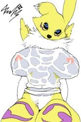 anthro bandai_namco big_breasts black_sclera blue_eyes bottomless breasts canid canine clothed clothing crotch_tuft digimon digimon_(species) facial_markings female fox head_markings hi_res huge_breasts leg_markings looking_at_viewer mammal markings neck_tuft nipples pubes realius renamon shirt simple_background sitting solo thick_thighs thigh_markings topwear traditional_media_(artwork) translucent translucent_clothing tuft wet wet_clothing wet_shirt wet_topwear