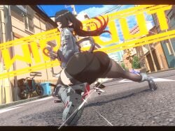 1girls ass big_ass blade bottom_heavy breasts bubble_butt clothing dat_ass fat_ass female female_only heels huge_ass jacket jane_doe_(zenless_zone_zero) kiro93591529 knife large_ass looking_at_viewer looking_back outdoors png shoes shorts solo tail thick_ass thick_thighs thiren weapon wide_hips zenless_zone_zero