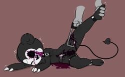 absurd_res anthro ass blood bodily_fluids butt_from_the_front colored_blood cum_in_wound cute_fangs demon duo e254e eye_socket fangs feet female foot_grab genitals gore hacksaw hi_res male masochism mhery_(e254e) perineum purple_blood pussy shaking smile spade_tail submissive tail teeth trembling unusual_blood unusual_bodily_fluids