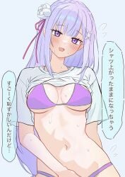 1girls belly blush breasts elf elf_ears elf_female emilia_(re:zero) half_naked looking_at_viewer masturbation purple_eyes re:zero_kara_hajimeru_isekai_seikatsu shirt_up silver_hair solo sweat underwear undressing warg_(artist)