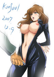 1boy 1girls 2007 assisted_exposure bodysuit bondage breasts brown_eyes brown_hair clothing curvaceous dated female huge_breasts human jumpsuit konkitto large_breasts latex light-skinned_female light_skin long_hair lupin_iii manga_action mine_fujiko nipples pubic_hair shiny shiny_clothes simple_background skin_tight source_request tms_entertainment unzipping zenigata_kouichi zipper_down