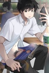 2boys belt black_eyes black_hair black_pants blue_male_underwear bulge erection erection_under_clothes frappuccino highres holding holding_phone large_penis male_focus male_underwear multiple_boys original pants penis phone pulling_own_clothes shirt syokuhin_108 underwear white_shirt