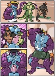 absorption absorption_vore alligator balls big_balls big_penis black_body bulge bulge_through_clothing cap cock crocodile crocodilian cum dick dragon flexing furry gay goatee goo_creature green_body growth hair homosexual horn lagomorph male male/male male_only markings merging muscle_growth muscles muscular muscular_male penis purple_body rabbit rabbit_ears reptile semen sharp_teeth shorts slime tail tank_top testicles trencalos vein veiny_penis vore