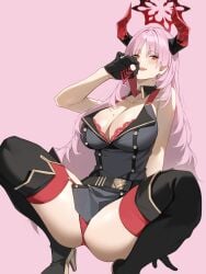 big_ass blue_archive blush blushing bra garter_belt garter_straps gehenna_academy_student gloves heels horns huge_breasts long_hair military_uniform mole_on_breast open_mouth panties pink_hair satsuki_(blue_archive) squatting tie video_game_character yykuaixian